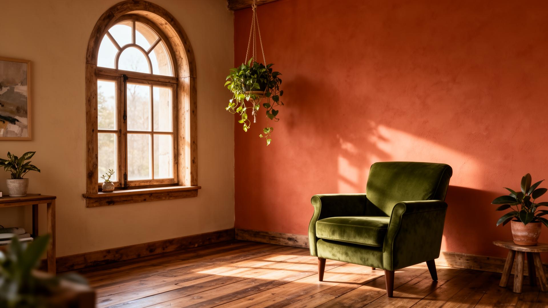 Warm rustic interior with terracotta wall and dried botanicals